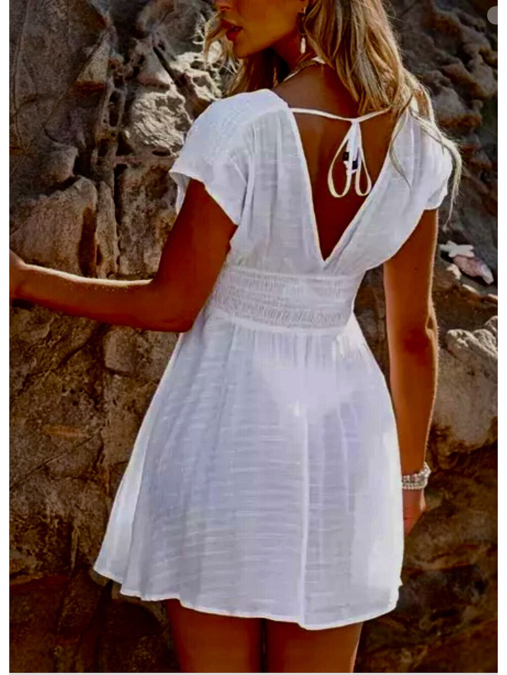 NWT Cupshe White Dolman Sleeve Smocked Waist Cover-Up Dress Large - Picture 2 of 14